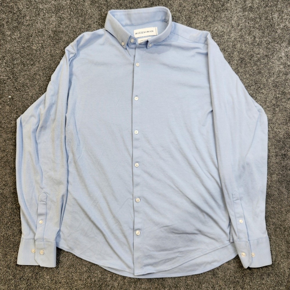 Mizzen+Main Dress Shirt Mens Large Blue Standard Fit Knit Non Iron Button Down